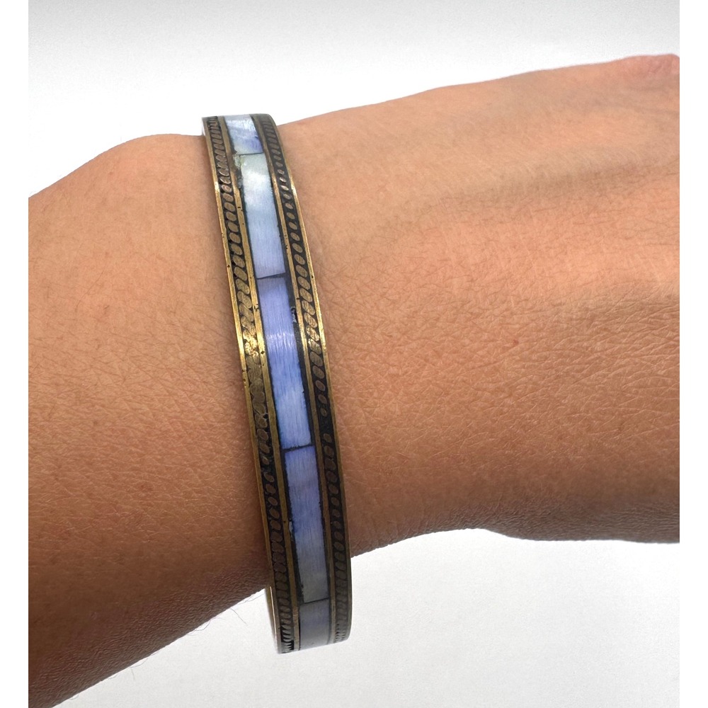 Vintage Brass Bangle Bracelet Blue White Mother of Pearl Inlay Boho 8 Inch